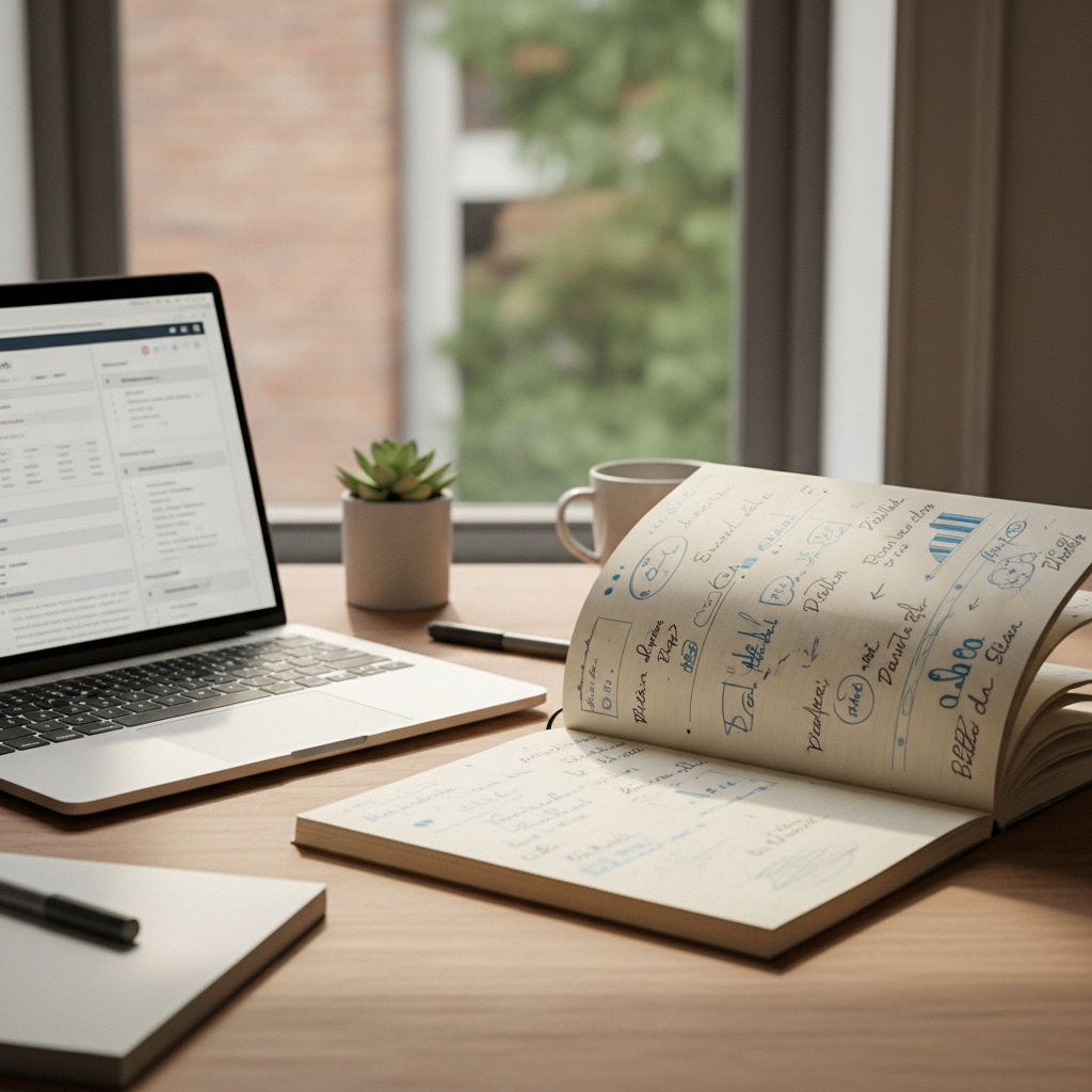 Close-up of laptop screen showing text document with structured writing, clean bright workspace
