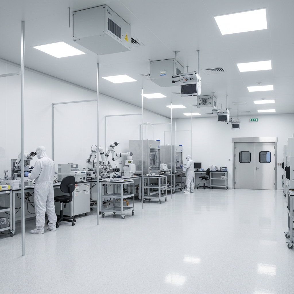 Research laboratory cleanroom with precision testing equipment and contamination control systems
