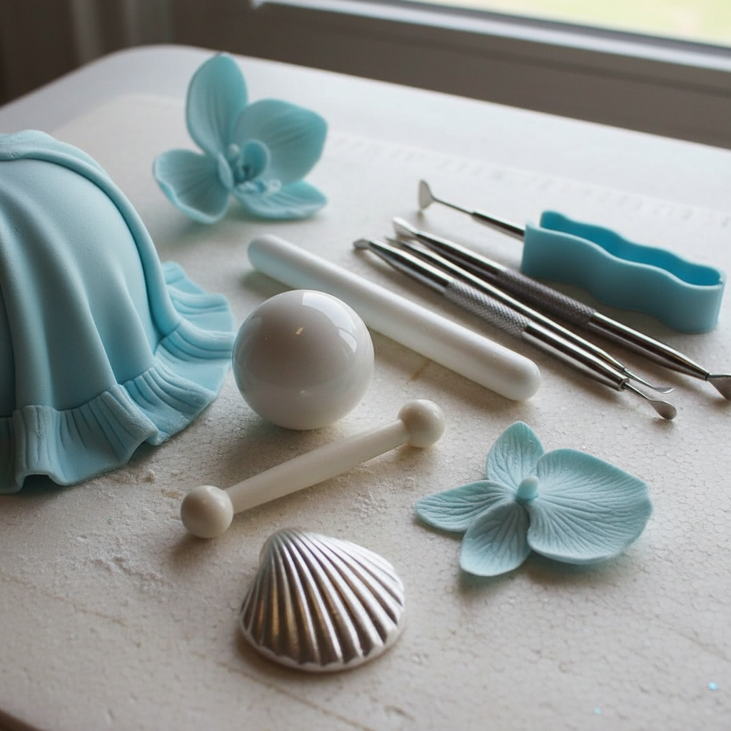 Cake artist using ball tool to thin and ruffle fondant petals for sugar rose