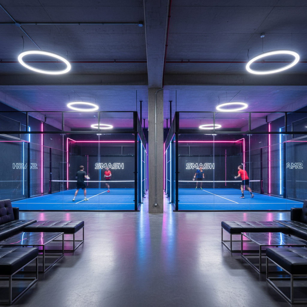Smash Shoreditch padel facility interior, two indoor courts visible through glass, neon lighting and modern court design