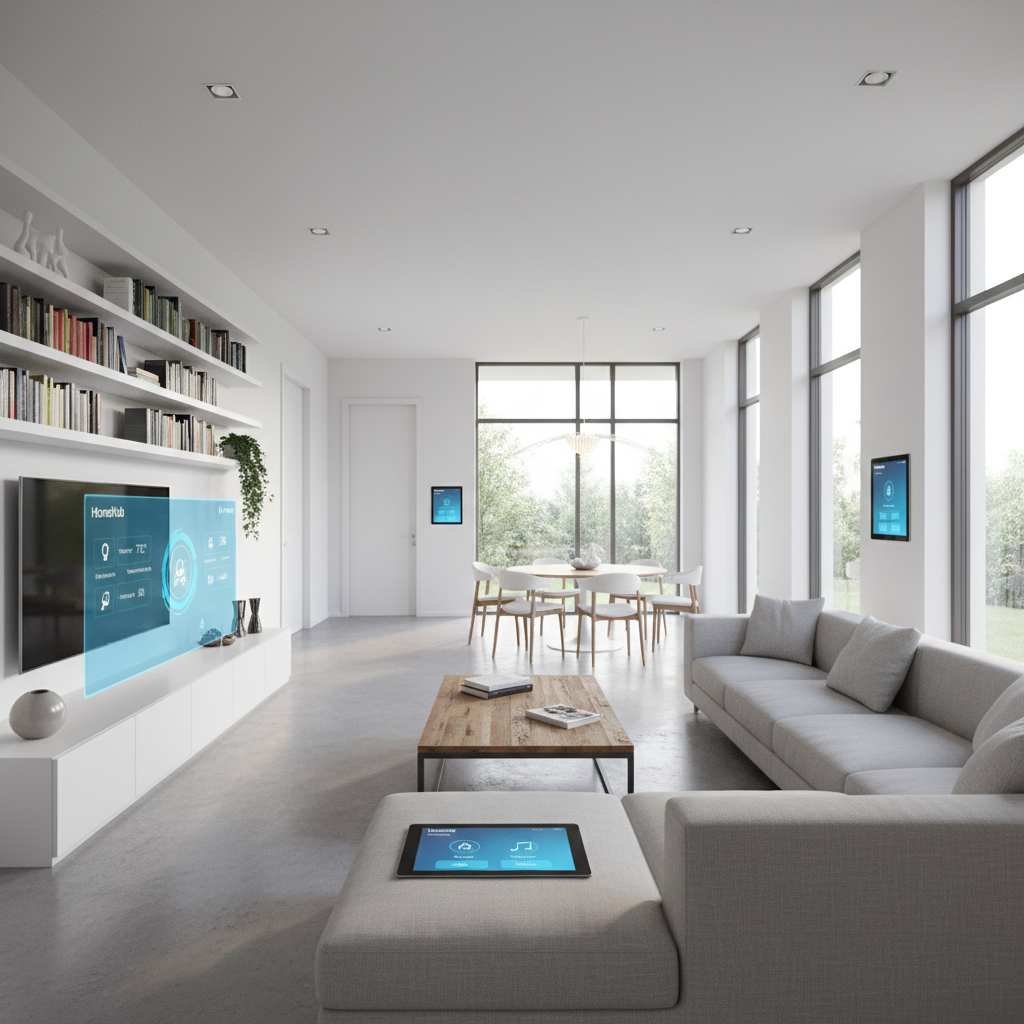 Bright modern smart home living room with integrated lighting panels, large smart display, sleek furniture, and natural light from large windows