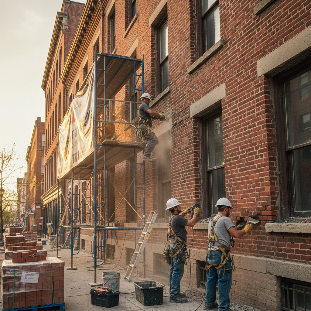 Commercial masonry repair work, mortar joint restoration, brick repair