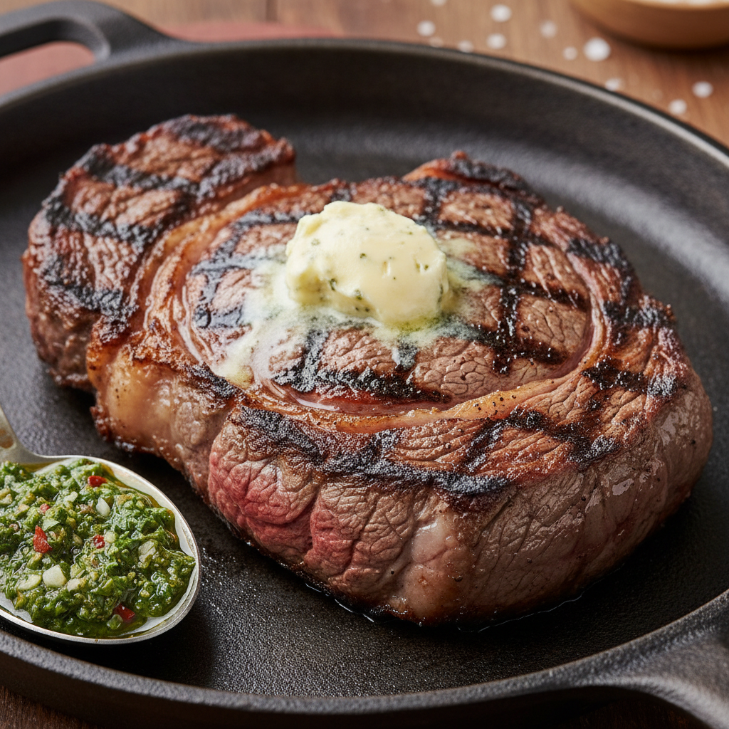 Thick-cut dry-aged ribeye steak with golden crust, bone marrow, and herb butter on cast iron, dramatic low lighting