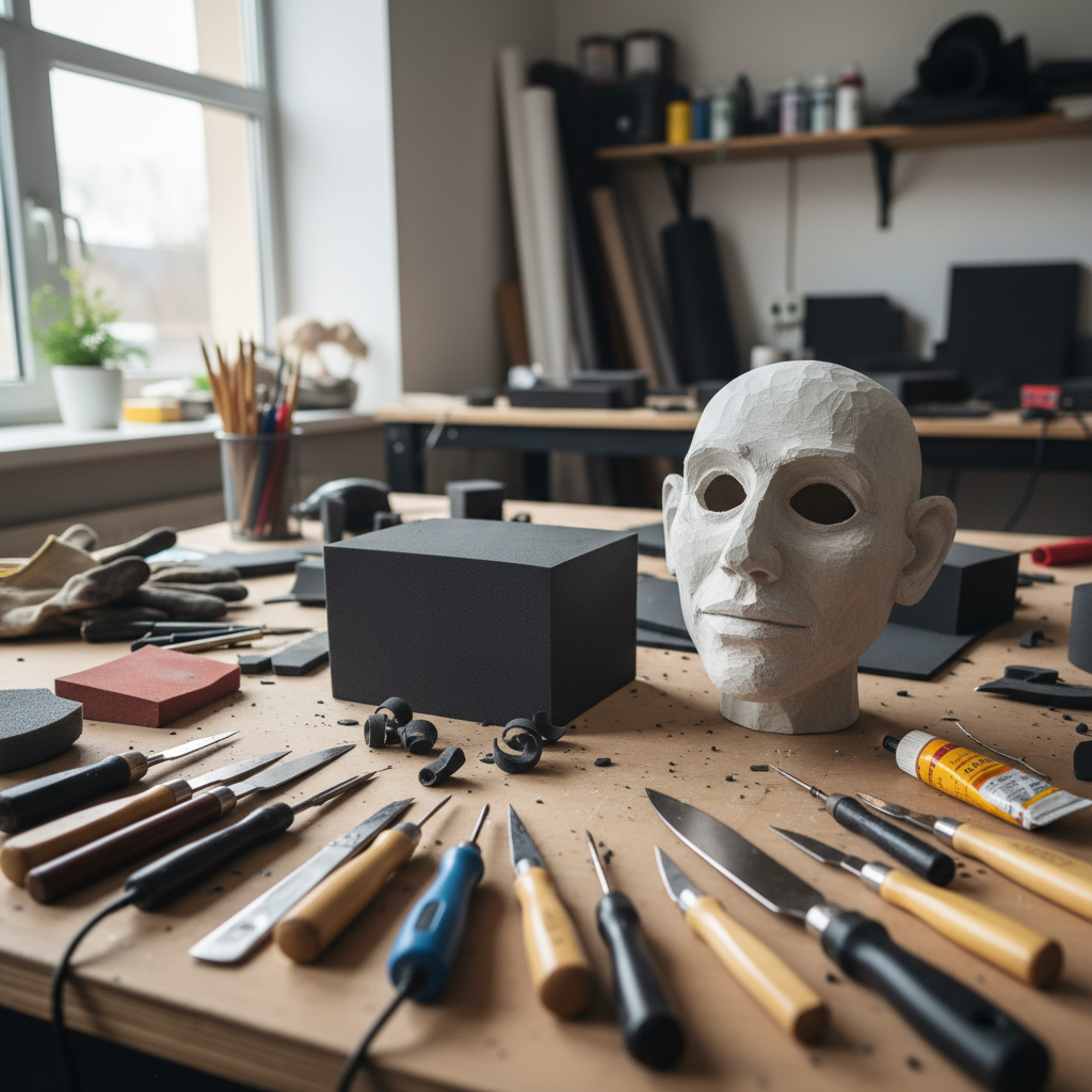 Workshop table with foam carving tools, EVA foam blocks, and partially carved puppet head