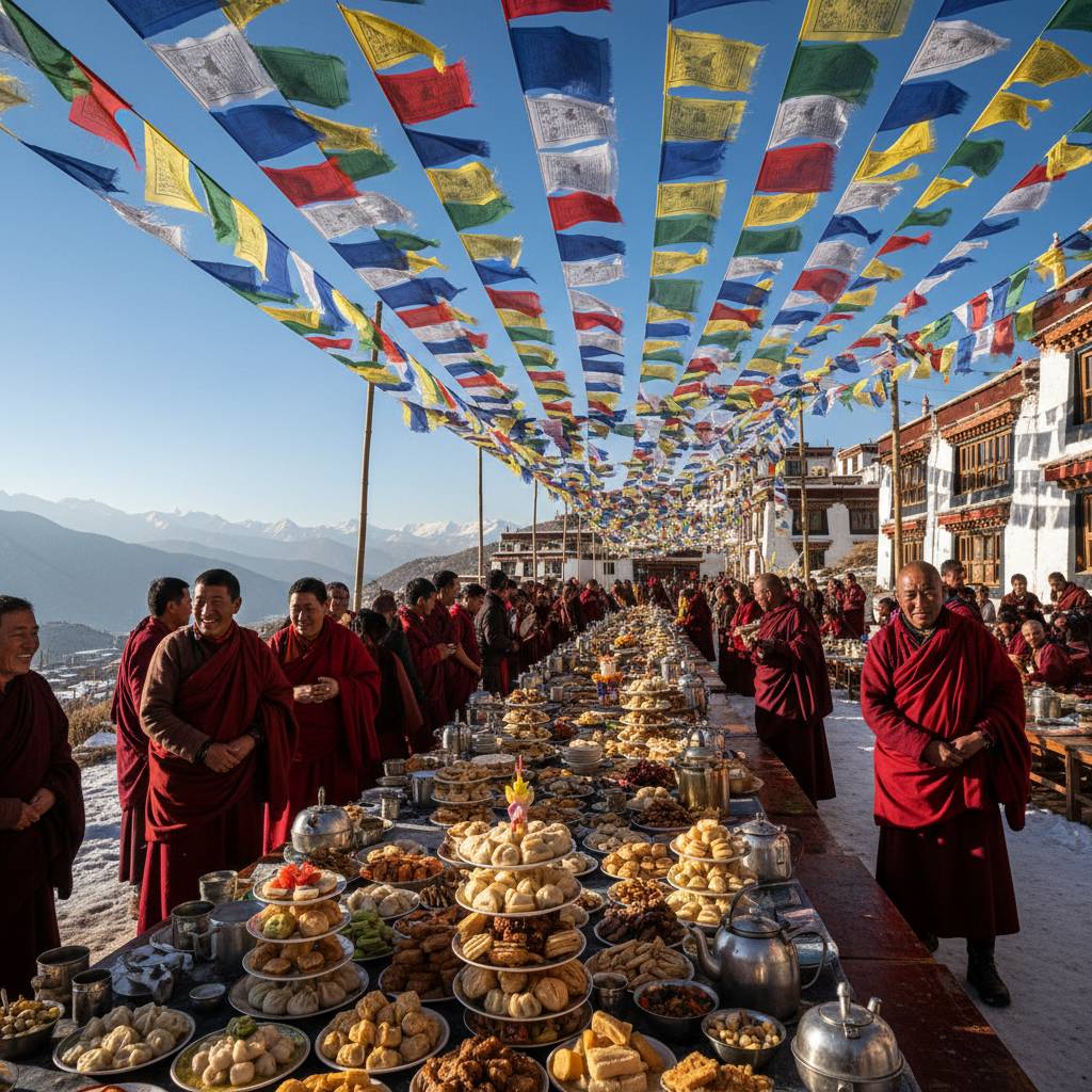 Tibetan community Losar celebration with traditional food spread and prayer flags