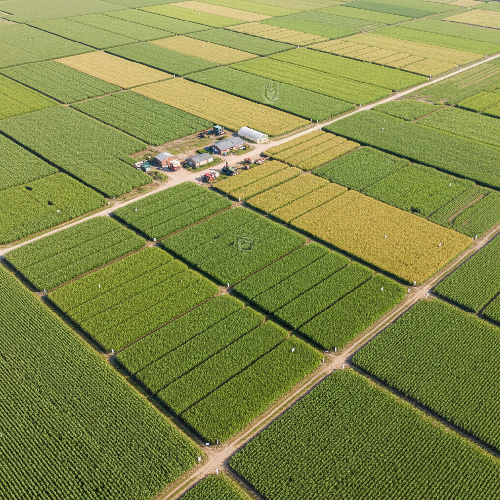 Aerial view of research test plots at Tillage University — rows of corn, wheat, and soybean trials visible from above