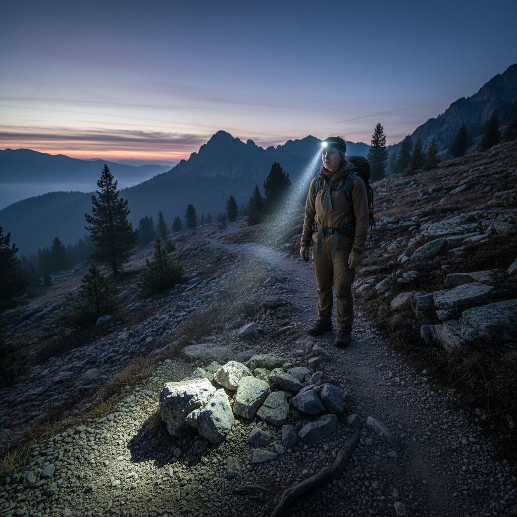 Trail runner ascending a mountain path at sunrise with headlamp glowing