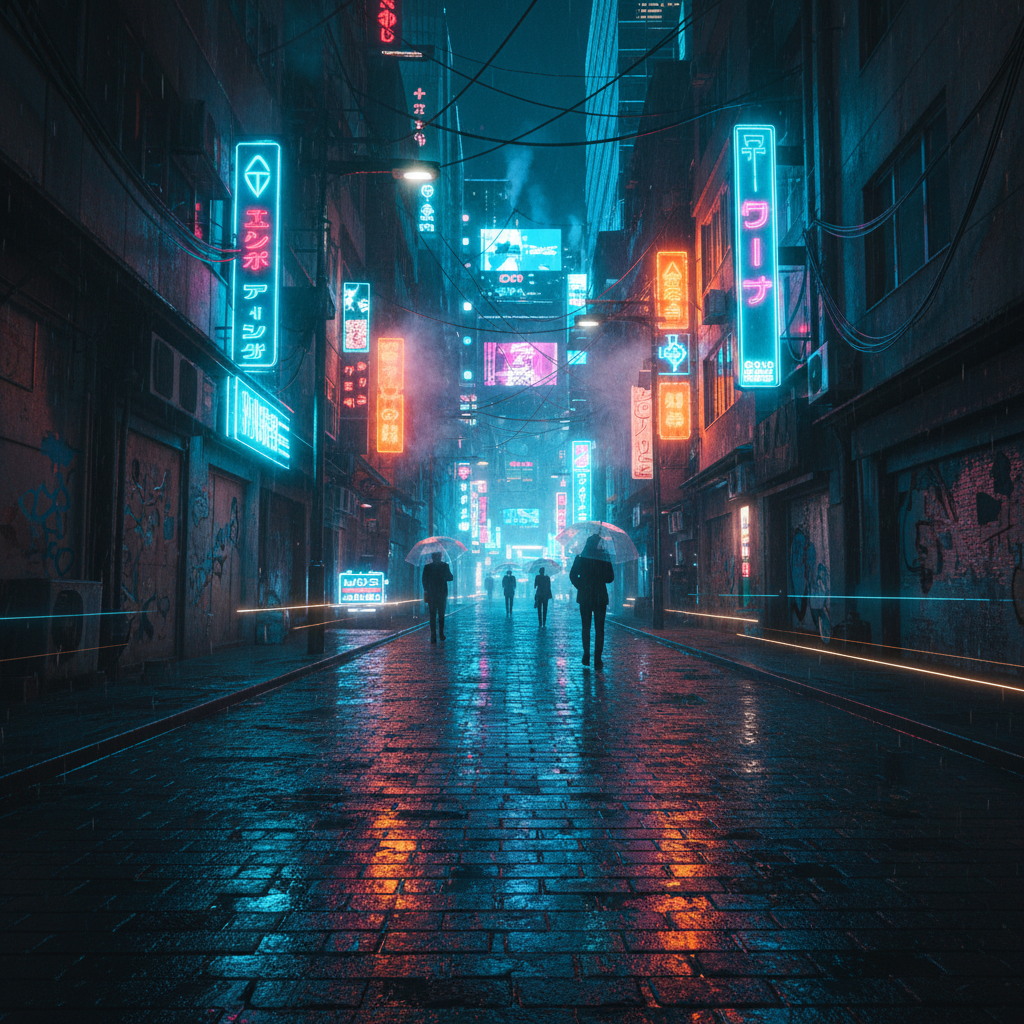 Video thumbnail: Cyberpunk Tokyo alleyway at 3am, neon signs reflected in rain puddles, a street