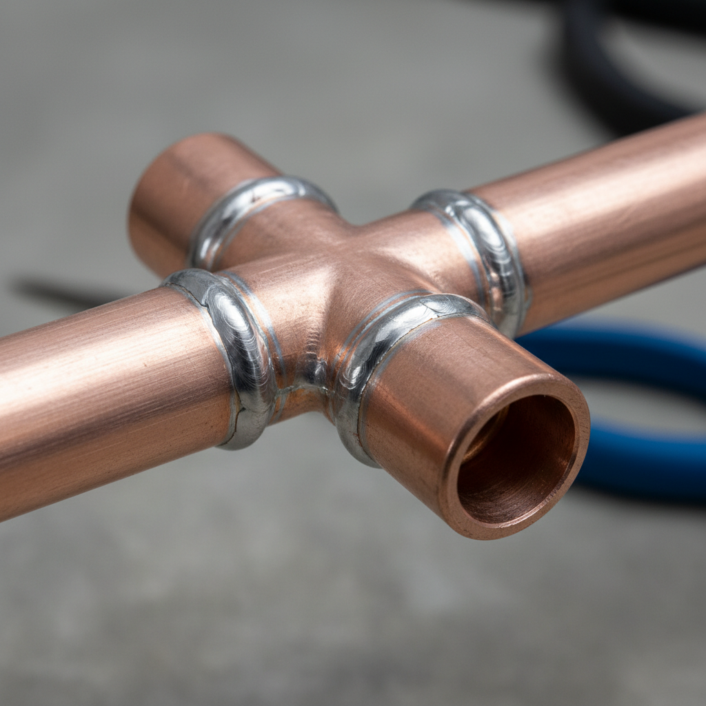 Completed bathroom pipe installation with copper fittings