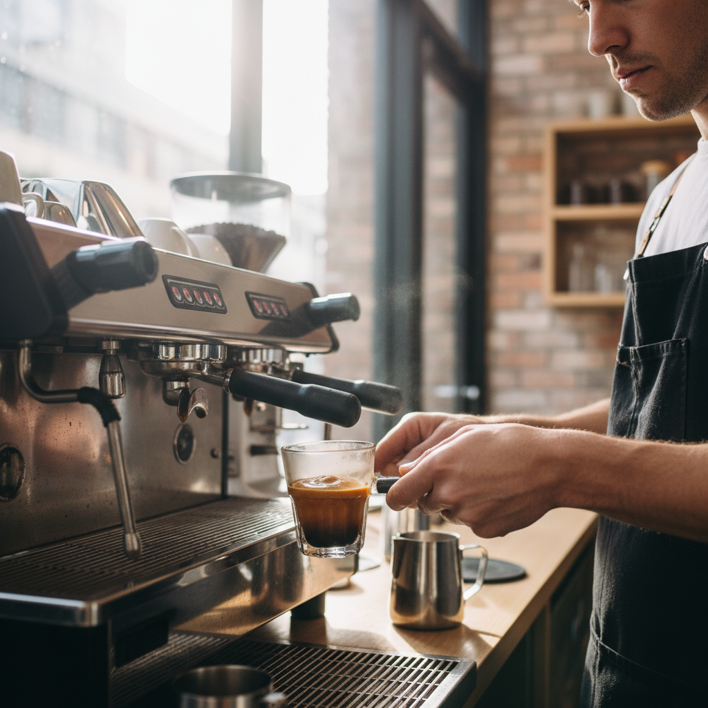 Barista pulling a perfect espresso shot on a clean commercial espresso machine in a Sydney café