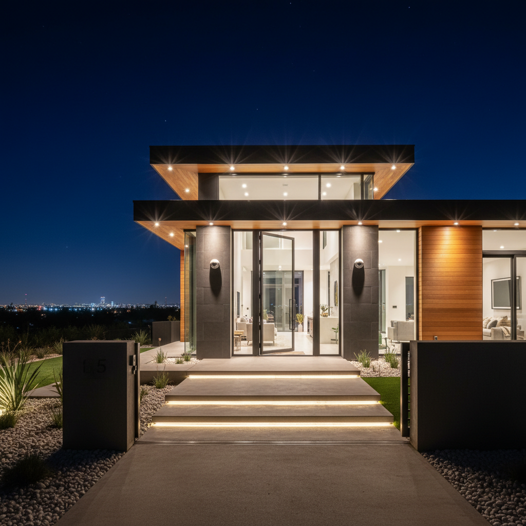 Modern residential exterior at night with security lighting in dark atmospheric setting