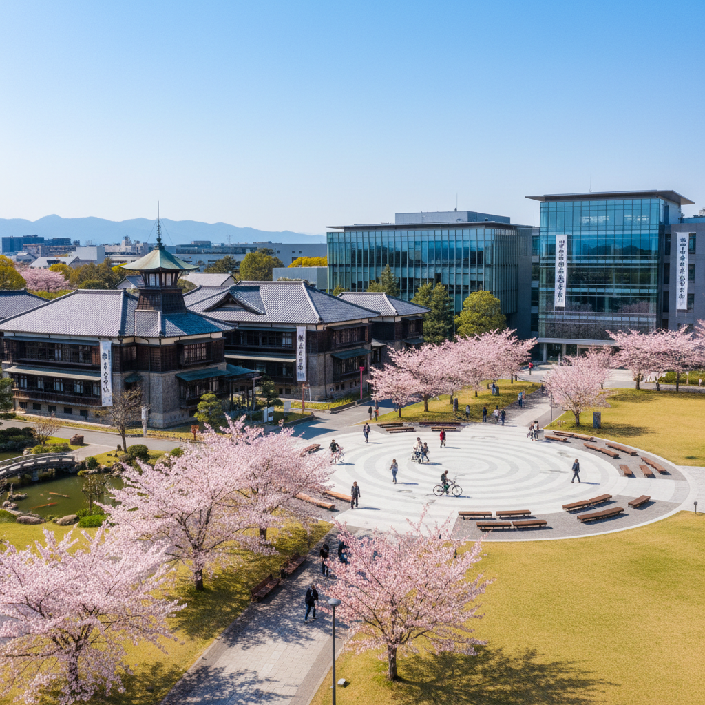 Japanese university campus with traditional and modern architectural blend