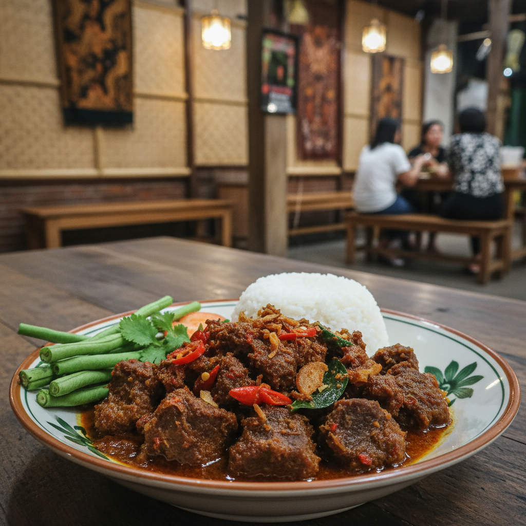 Large catering tray of rendang with serving equipment for an office event
