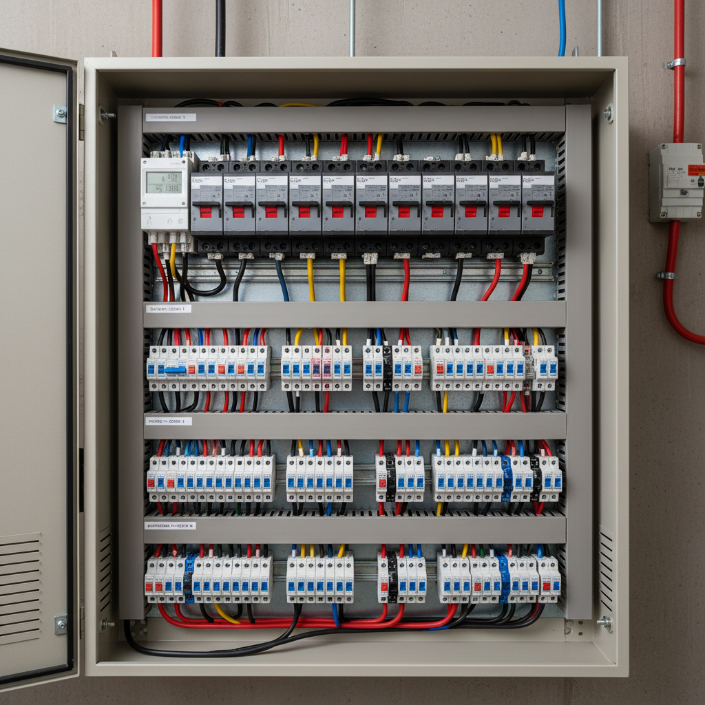 Low tension distribution panel with MCCBs and MCBs on DIN rails for commercial building power distribution