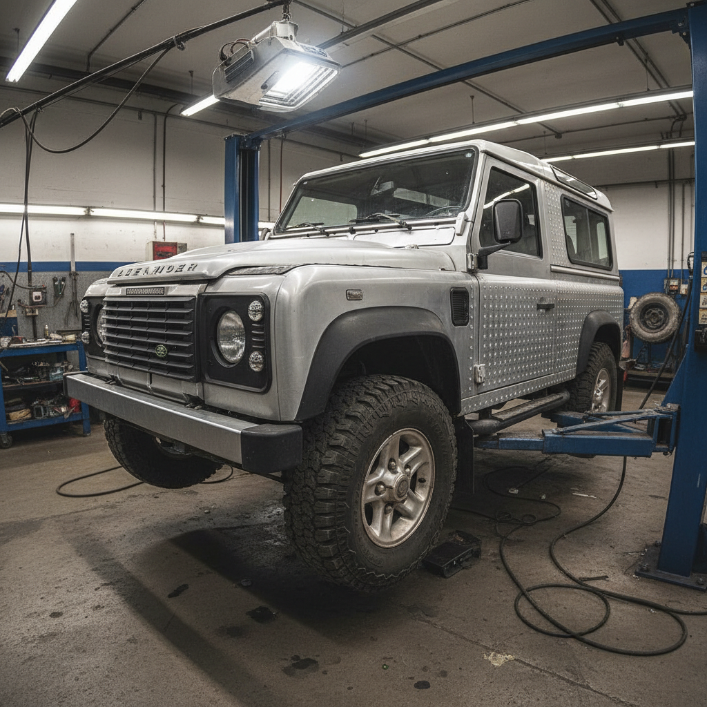 Land Rover Defender on workshop ramp, lit by overhead inspection lamp, three-quarter angle showing chrome bumper and riveted body panels