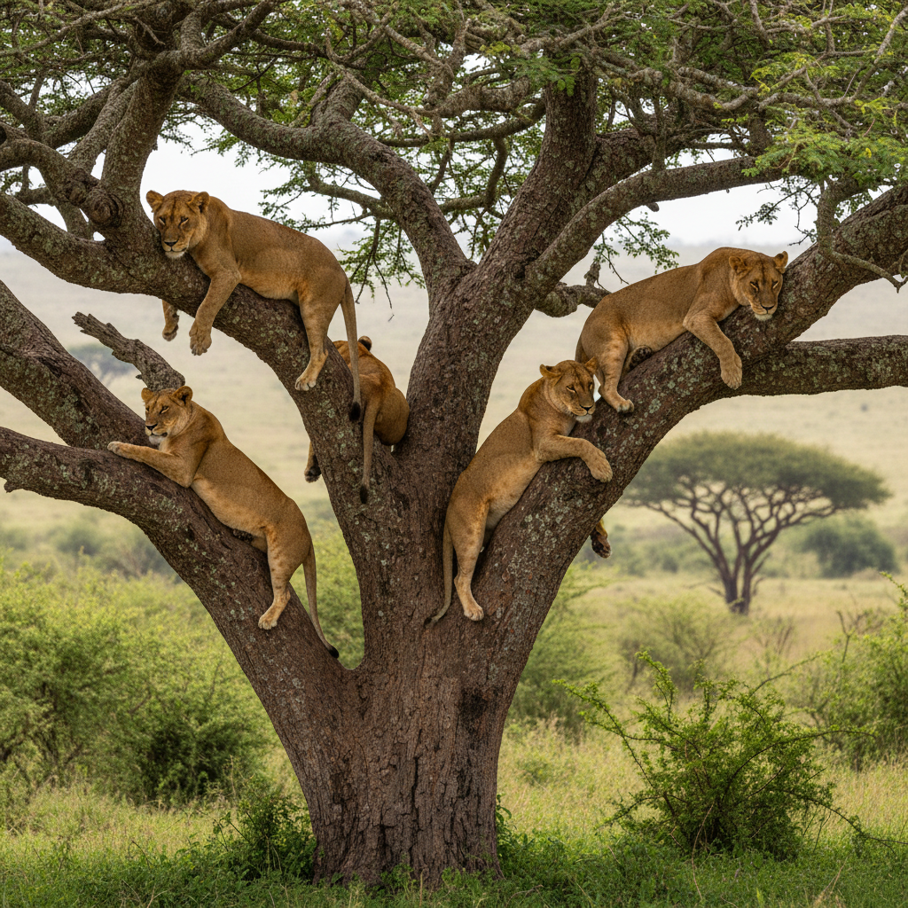 Tree-climbing lions in a fig tree in Ishasha Queen Elizabeth National Park Uganda