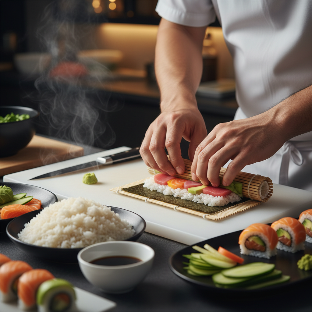 Sushi chef's hands pressing nigiri rice with precise pressure, knife resting on wooden board beside