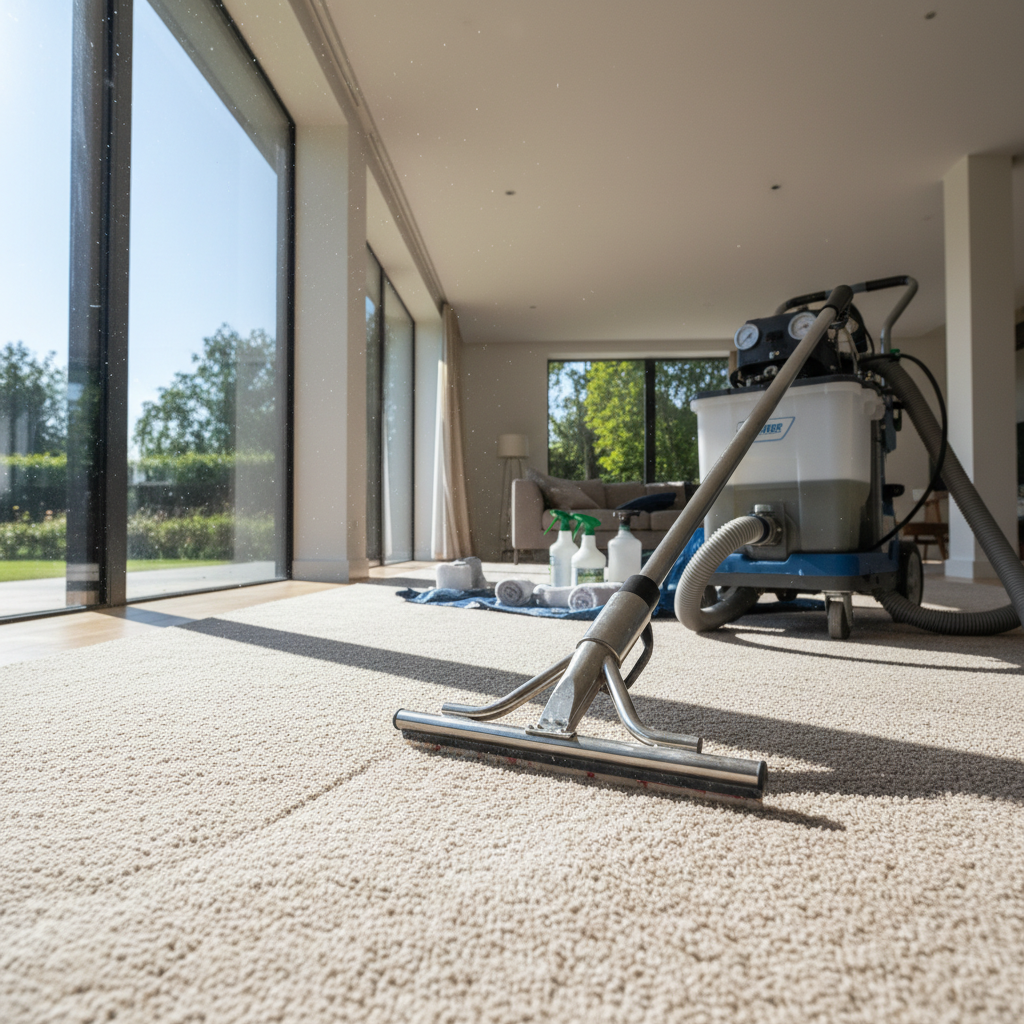 Professional carpet cleaning equipment on clean carpet, steam rising, bright room