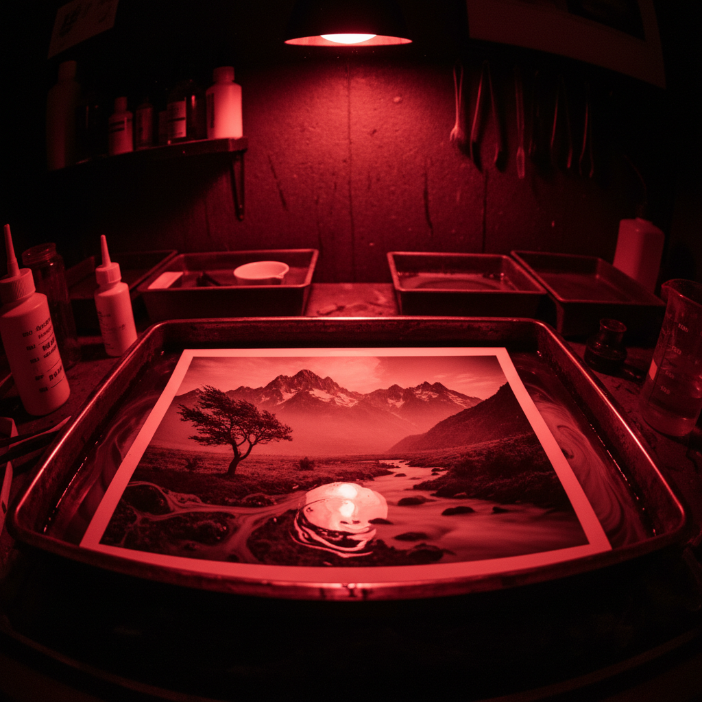 Darkroom developer tray with photographic print slowly emerging under amber safelight