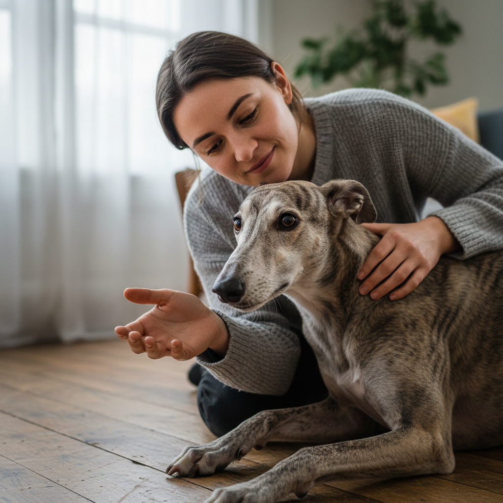 Sitter crouched at eye level with a nervous rescue greyhound, shallow depth of field editorial portrait