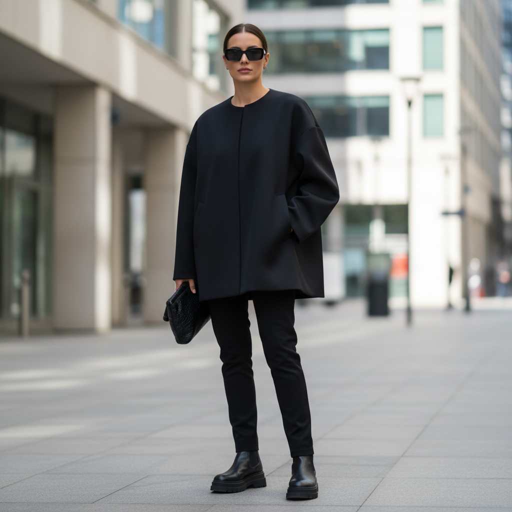 Model in oversized layered look with boxy shapes, urban backdrop