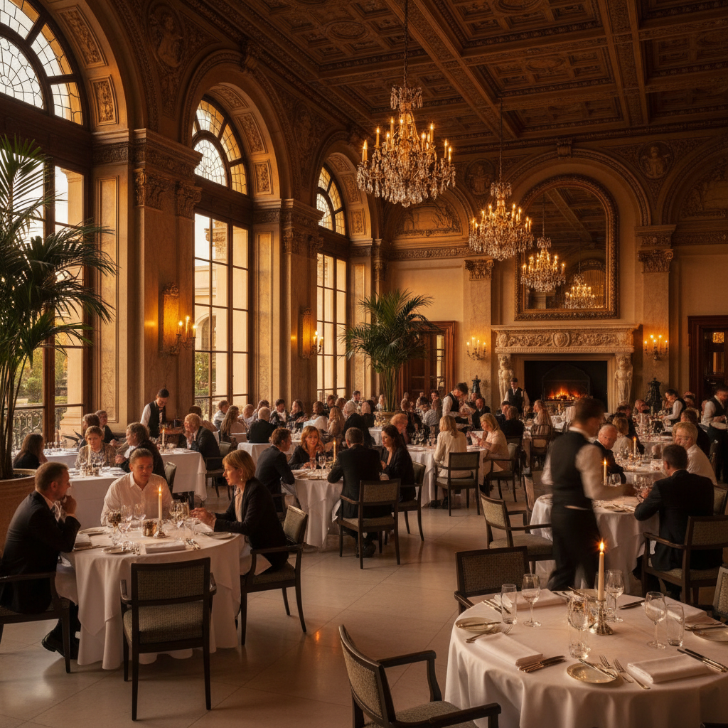 Grand hotel restaurant with soaring arched windows, marble floors, and a full dining room in warm evening light