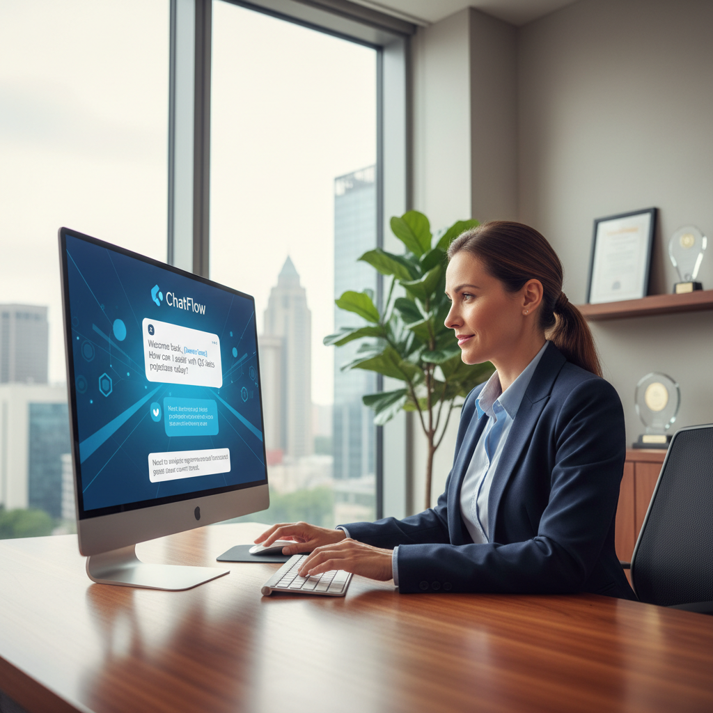 Professional business owner using ClicksChat chatbot widget for customer engagement