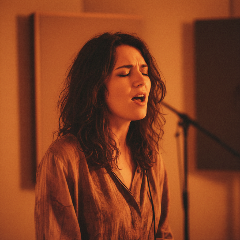 Ciel Fader vocalist in a softly lit studio with warm tangerine tones