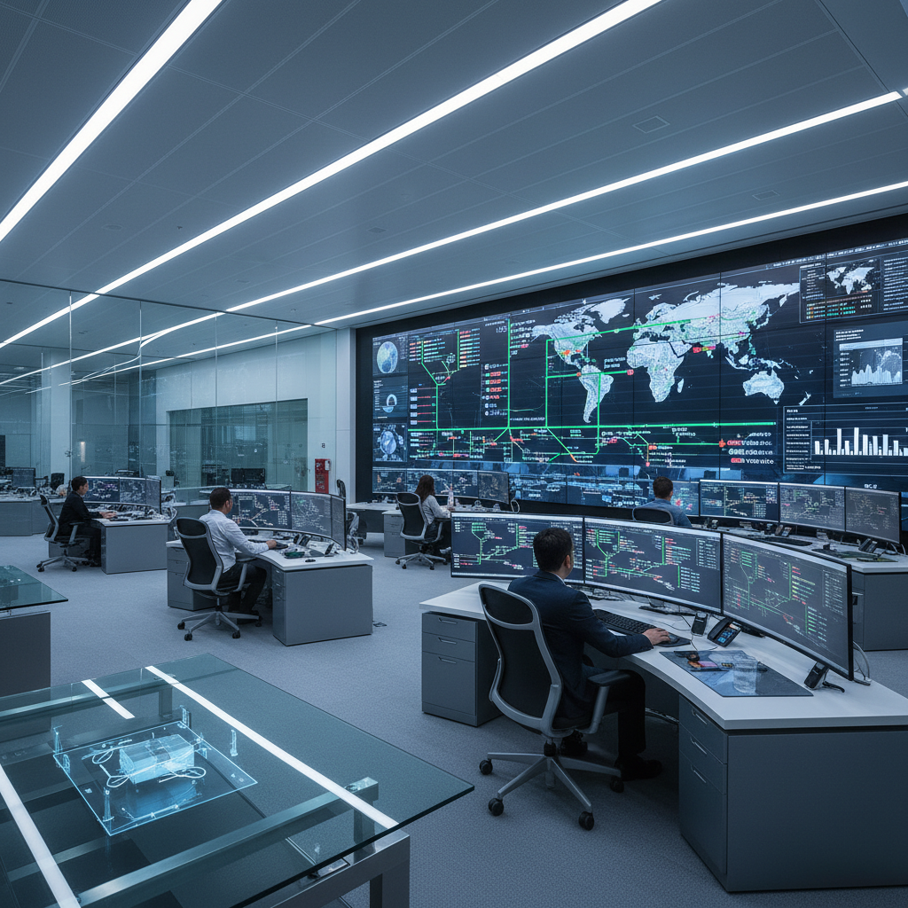 Modern energy control room with operators monitoring smart grid systems, renewable energy forecasting displays, and AI-powered infrastructure management dashboards