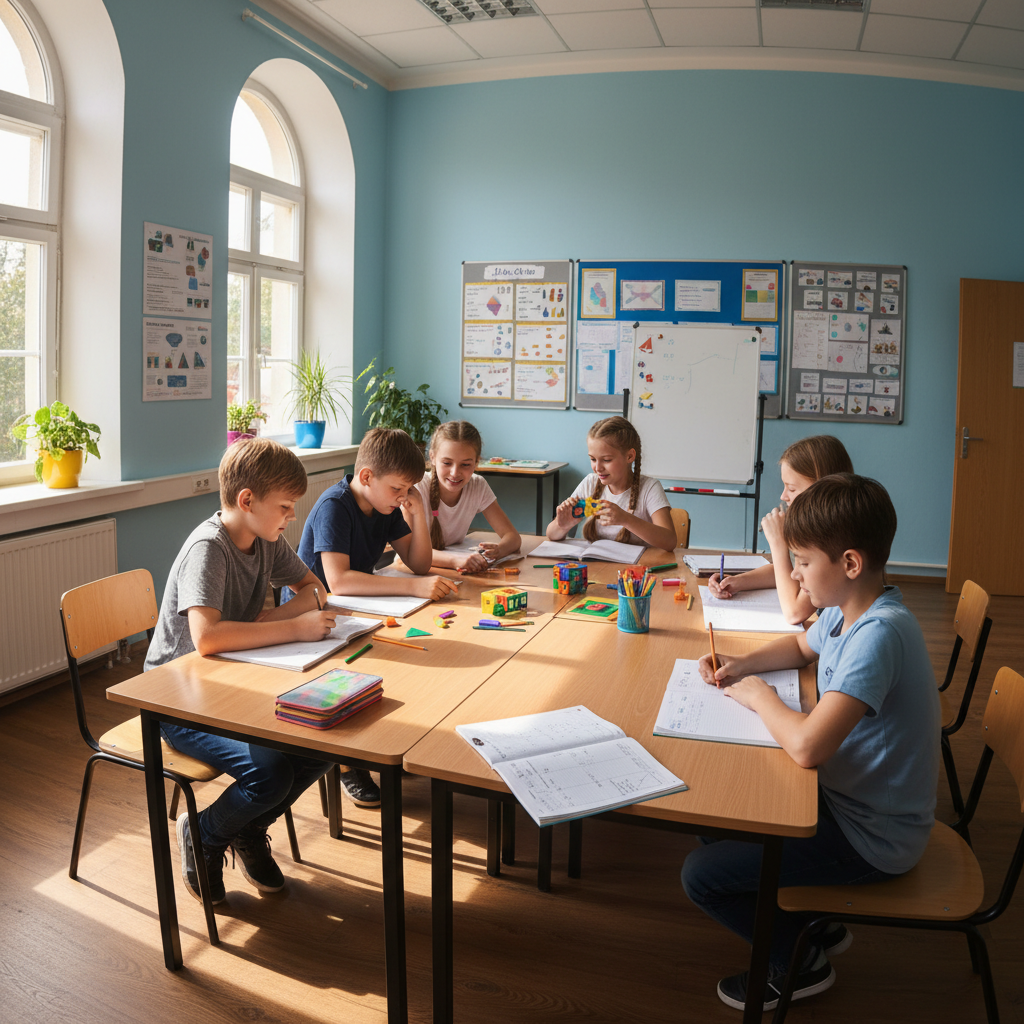 Young students working on math problems together in bright classroom