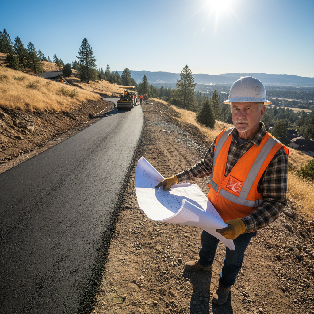 Marcus Delgado, senior asphalt estimator in a safety vest standing on a hillside driveway job site in Los Angeles
