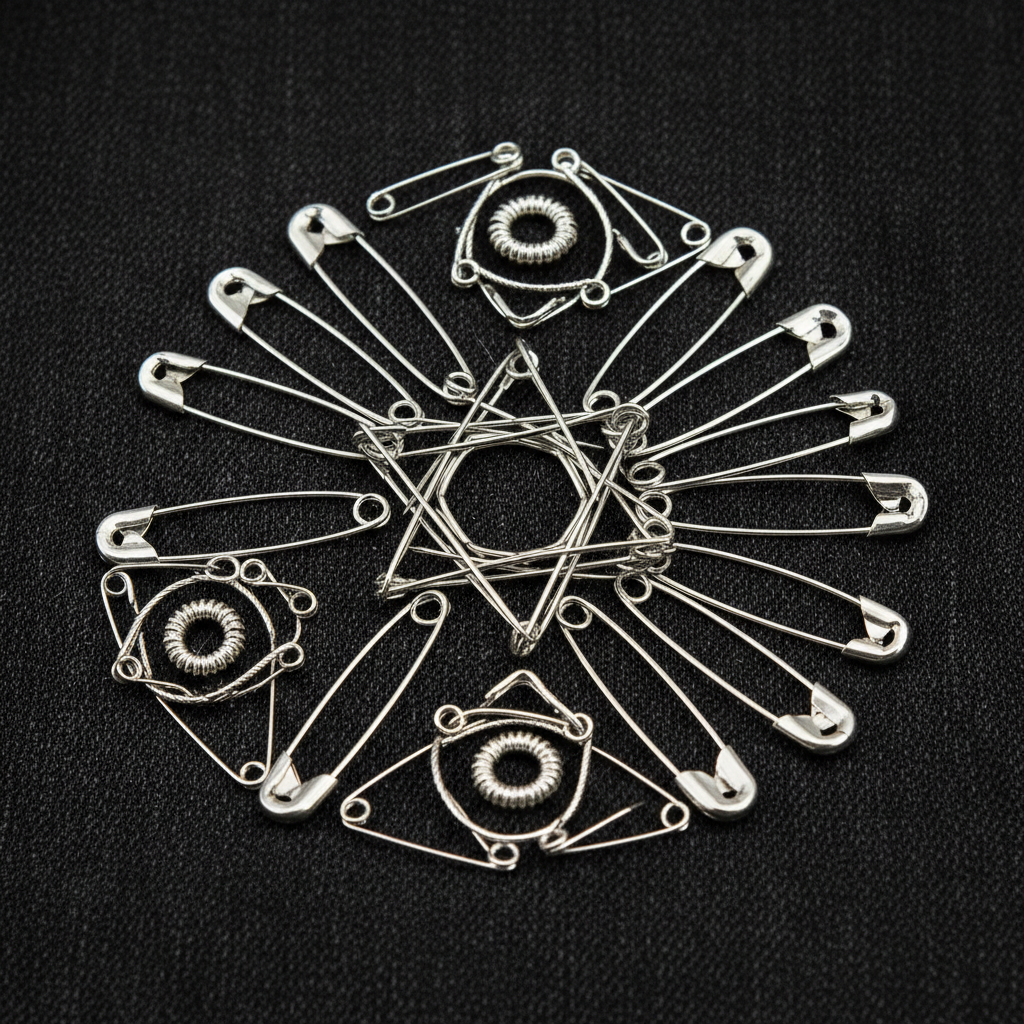 Close-up of safety pins arranged in pattern on black denim fabric
