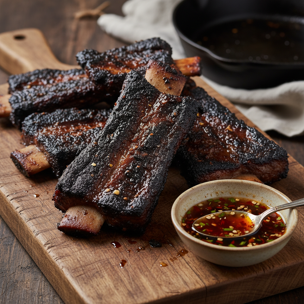 Charred short ribs on a wooden board with chilli vinegar dipping sauce