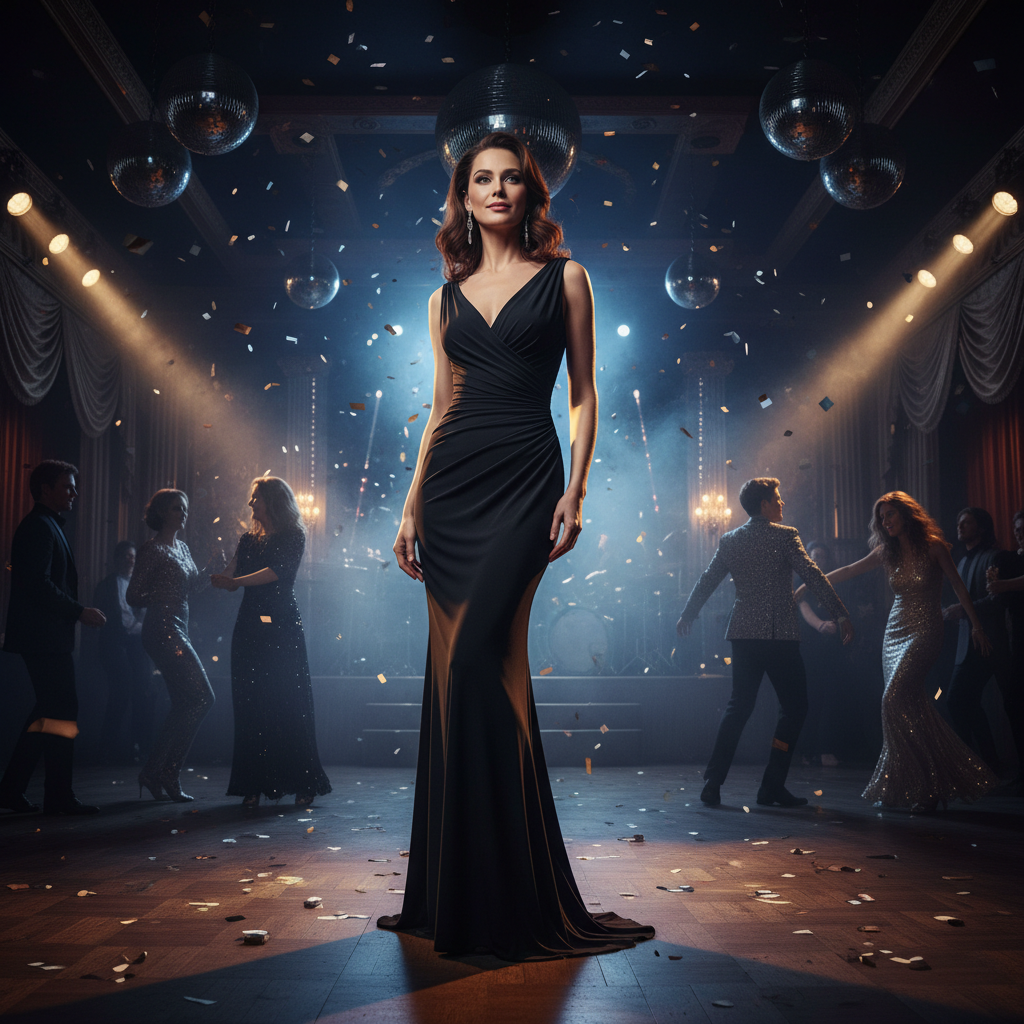 Elegant woman in dark evening gown in dimly lit venue, dramatic shadows, sophisticated fashion photography