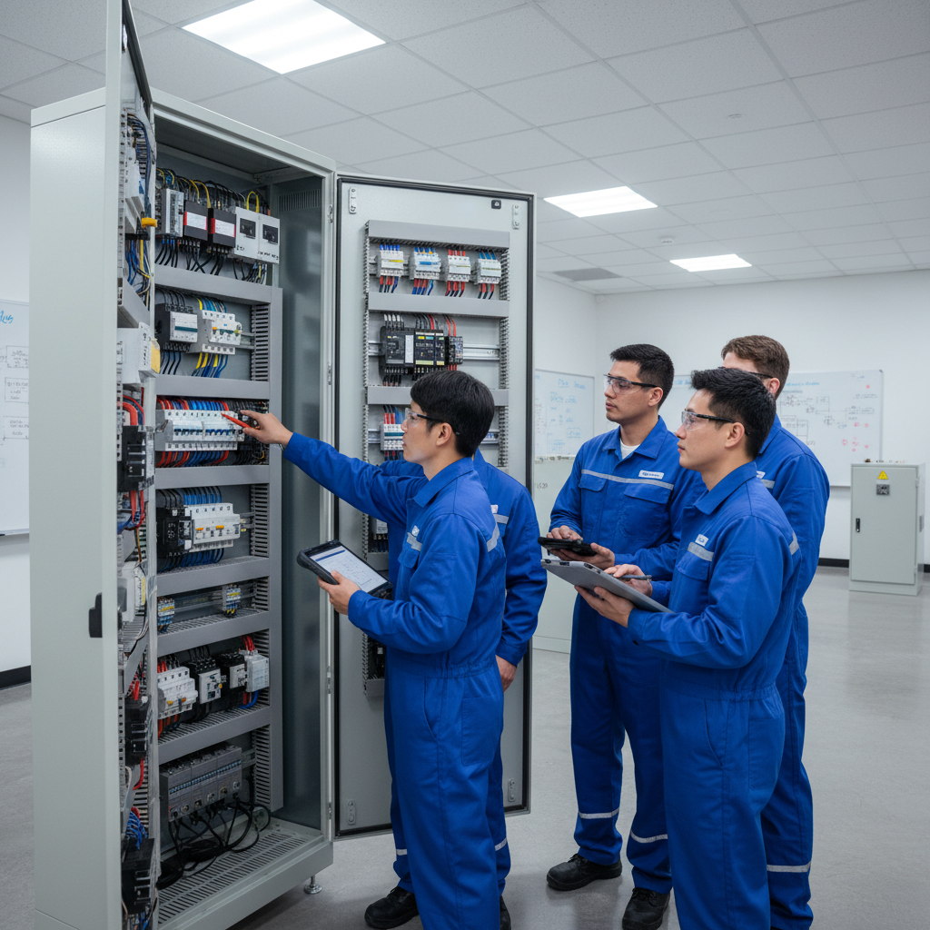 Capacitación técnica industrial en sala de formación, técnicos frente a tablero eléctrico, iluminación de aula
