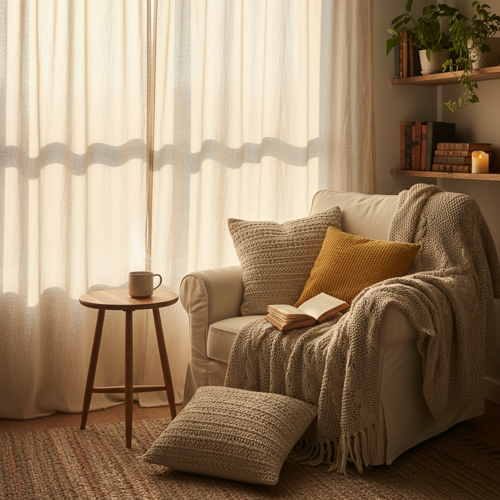 Warm sunlight streaming through linen curtains onto a quiet reading nook with soft cushions
