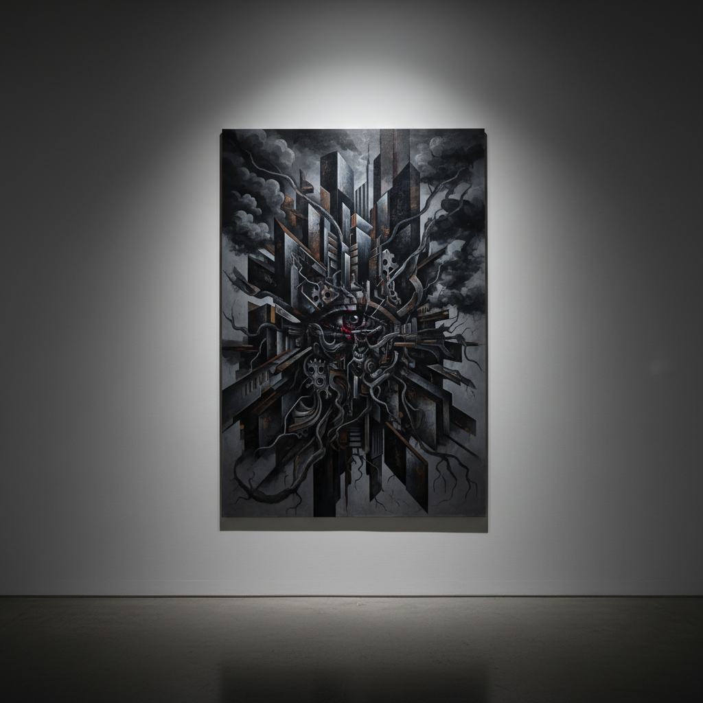 Urban-influenced abstract artwork with dark atmospheric tones