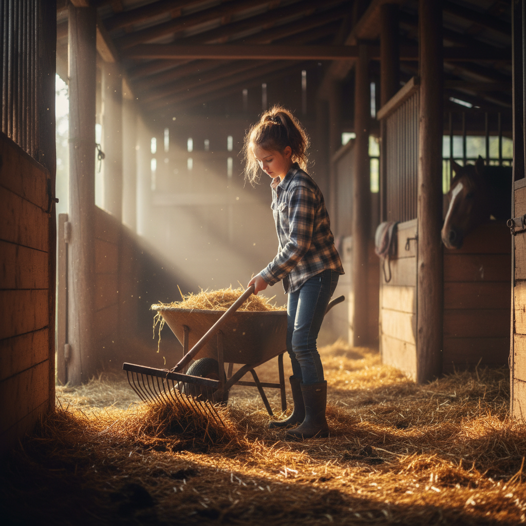 Young girl mucking stalls in a wooden barn, golden morning light filtering through slats