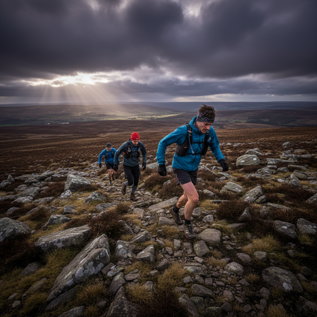 Fell runners descending a rocky moorland trail in the Peak District with dramatic sky