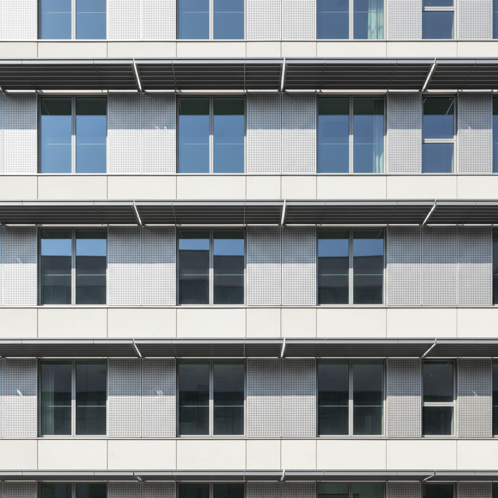 Modern office building exterior with horizontal aluminum sunshade louvers casting geometric shadows on glass curtain wall facade