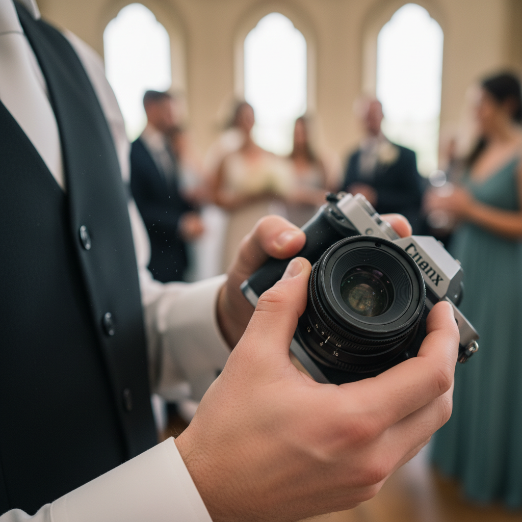 Hands changing prime lens between ceremonies, aperture ring in focus
