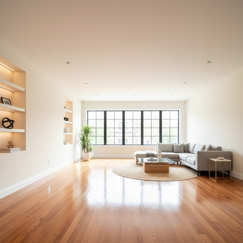 Neutral-toned modern sectional sofa in a bright open-plan living room with warm wood floors and natural light