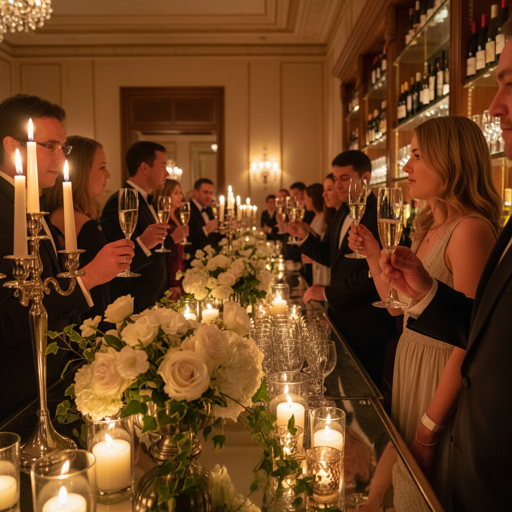 Luxury celebration cocktail glasses with gold accents in dark atmospheric venue