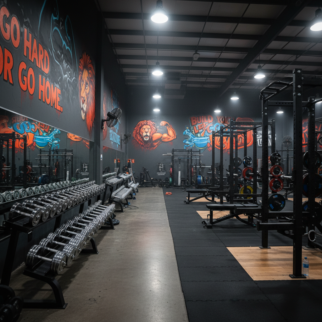 Rows of heavy barbells and squat racks in a dark, powerfully lit weight room with dramatic industrial lighting