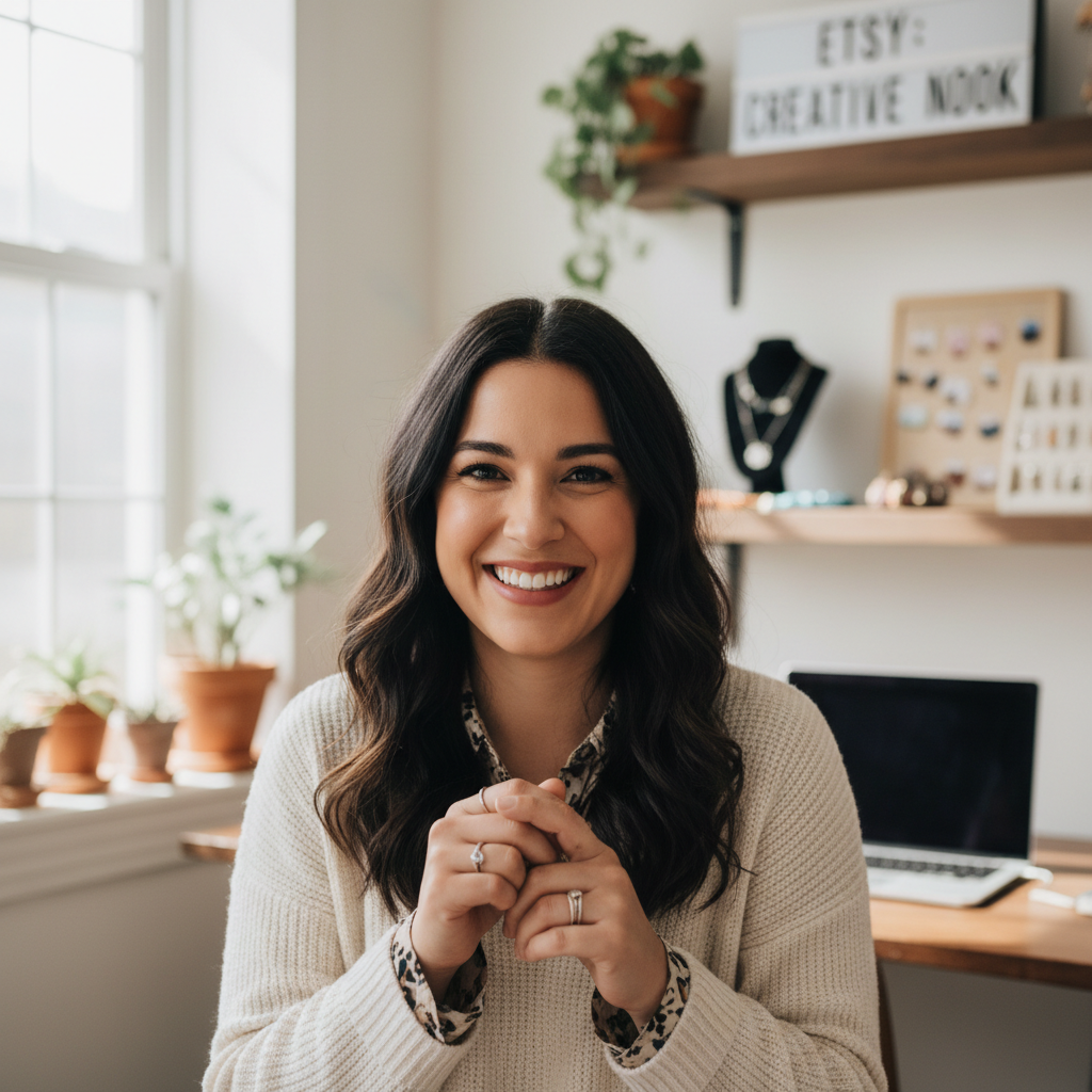 Priya Nair, Etsy shop owner, woman with dark hair smiling