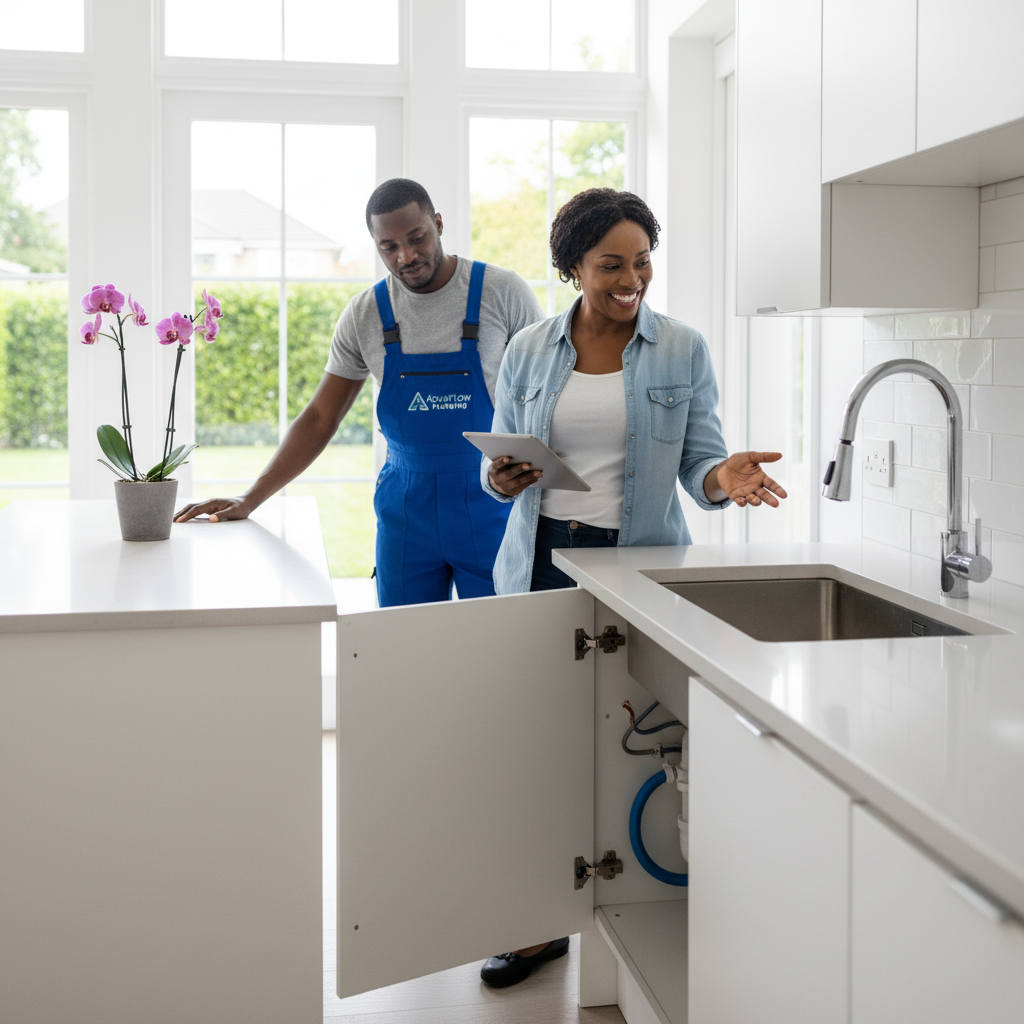 Happy homeowner reviewing work done by a plumber in a modern Omani kitchen, bright natural light, satisfied expression