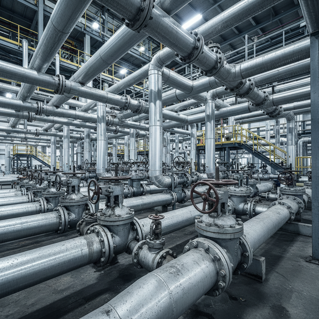 Industrial pipeline infrastructure with large metal valves and flanged pipes in a pump station