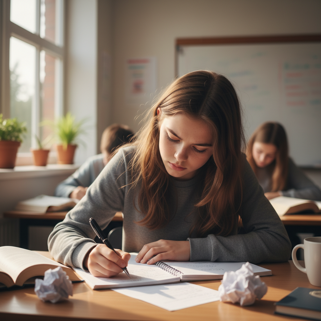 DSE student writing an English essay under timed exam conditions
