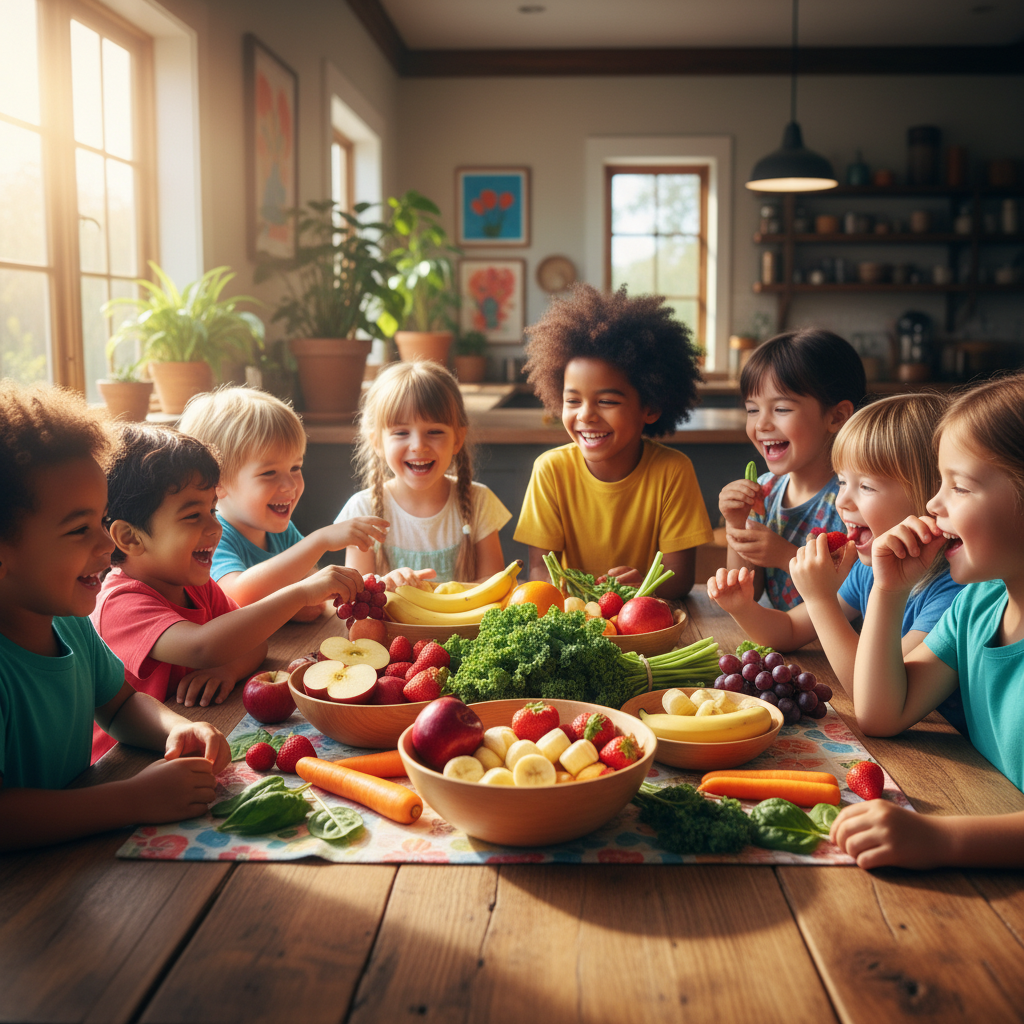 Colorful fresh fruits and vegetables arranged for children's nutrition, bright natural food photography