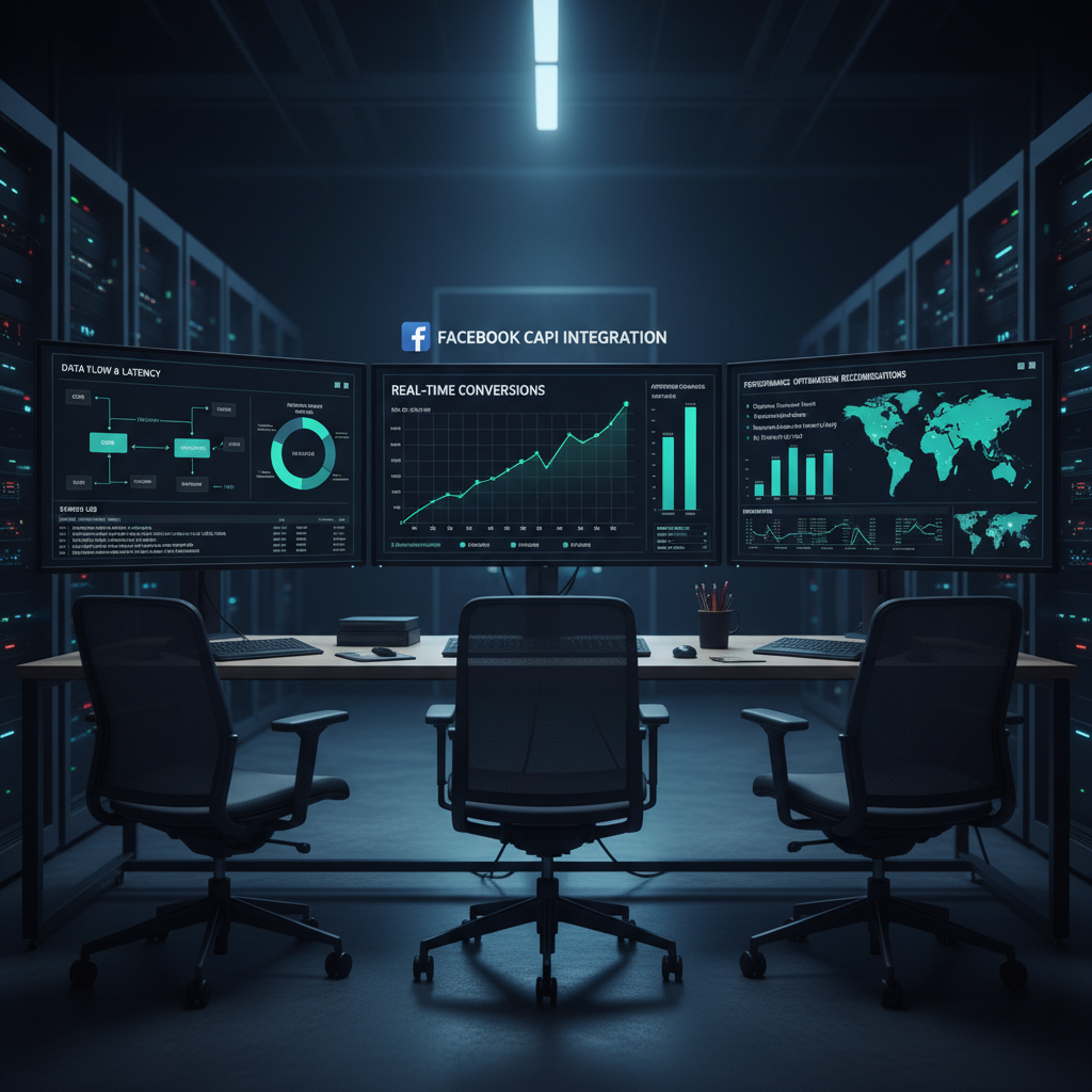 Analytics dashboard showing Facebook CAPI integration metrics with real-time conversion tracking data on multiple monitors